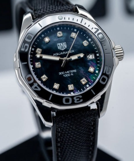 Tag Heuer Aquaracer Quartz Mother of Pearl Black Dial Black NATO Strap Watch for Women - WAY131M.FT6092