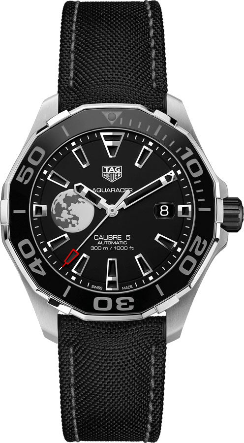 TAG Heuer Aquaracer WAY201J.FC6370 Men's Calibre 5 Diver Watch with Globe Motif and Black Fabric Strap