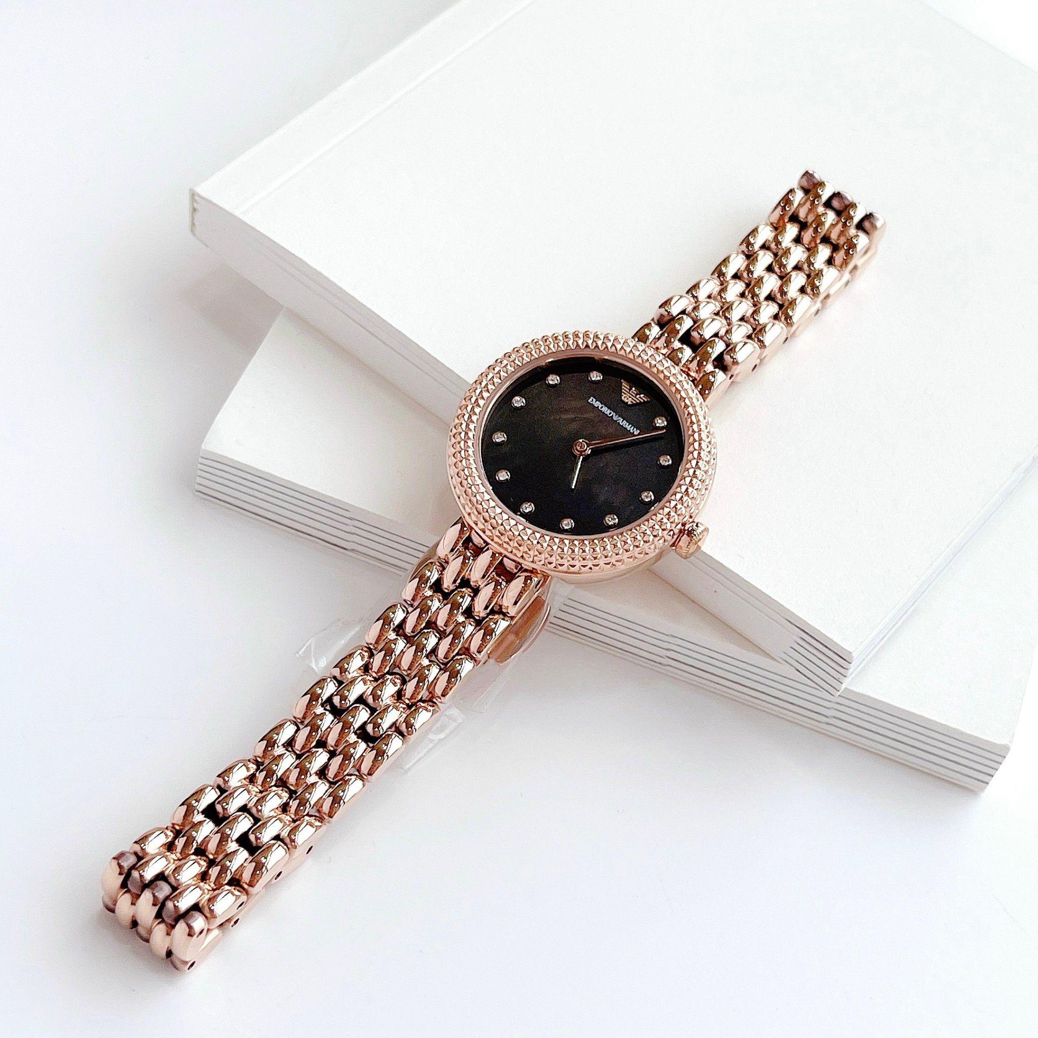 Emporio Armani Rosa Quartz Mother of Pearl Black Dial Rose Gold Steel Strap Watch For Women - AR11372