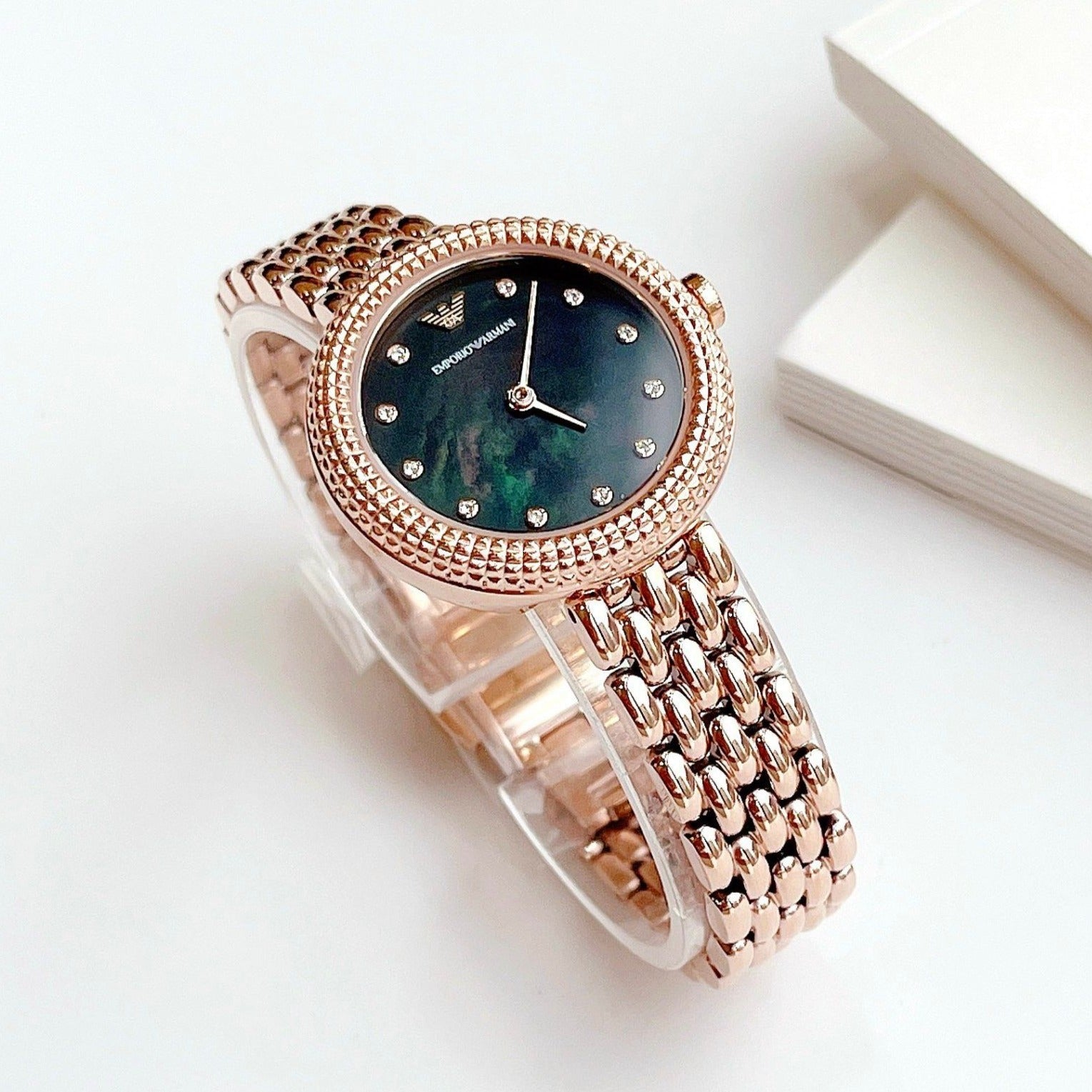 Emporio Armani Rosa Quartz Mother of Pearl Black Dial Rose Gold Steel Strap Watch For Women - AR11372