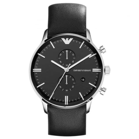 Emporio Armani AR0397 Men's Black Dial Chronograph Watch with Leather Strap