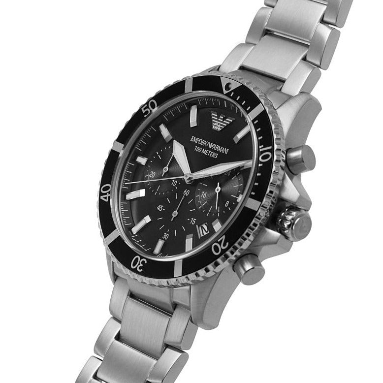 Emporio Armani AR11360 Herren-Taucher-Chronograph, schwarzes Zifferblatt, Edelstahl