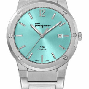 Salvatore Ferragamo F 80 Classic Tiffany Blue Dial Silver Steel Strap Watch For Men Sfdt02323