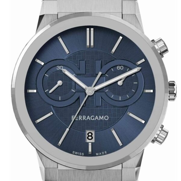 Salvatore Ferragamo Sapphire Chrono horloge met blauwe wijzerplaat en zilveren stalen band voor heren (SFME01123)