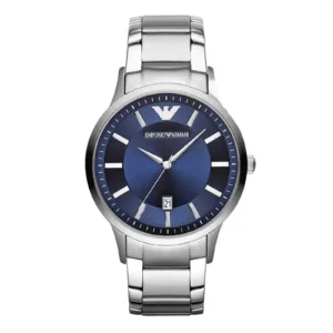 Emporio Armani Mens Ar11180 Silver Tone Stainless Steel Watch With Blue Dial