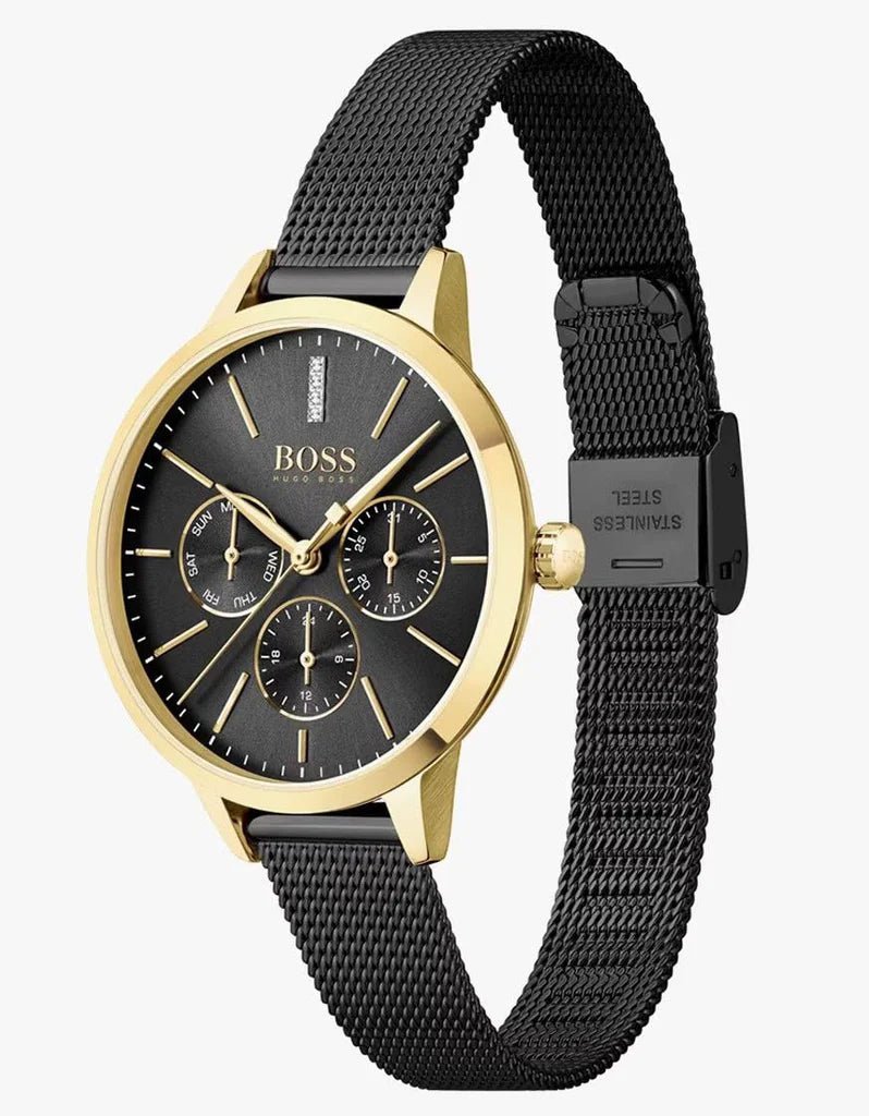 Hugo Boss Womens 1502601 Symphony Gold Tone And Black Mesh Bracelet Watch - Image 4