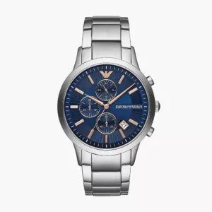 Emporio Armani Mens Ar11458 Rose Gold Tone Stainless Steel And Blue Leather Watch