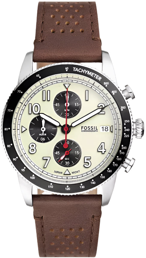 Fossil Sport Tourer Chronograph Brown Leather Strap Cream Dial Men S Watch Fs6042 - Image 2