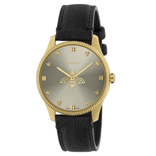 Gucci G Timeless Gold Tone Black Leather Quartz Watch Ya1264181