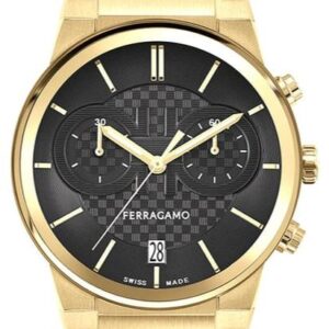 Salvatore Ferragamo Sapphire Chrono Black Dial Gold Steel Strap Watch For Men Sfme01323