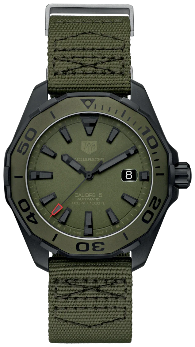 Tag Heuer Aquaracer Automatic Green Dial Khakhi Green Nylon Strap Watch For Men Way208e Fc8222