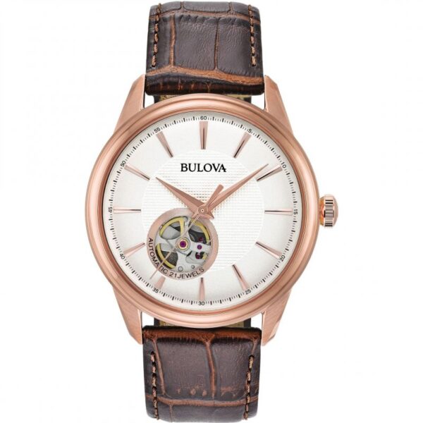 Bulova Classic Skeleton Auto Mens Brown Watch 97a133