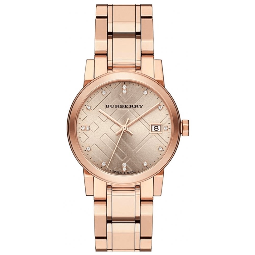 Burberry Ladies Watch Diamond Check Stamped Rose Gold Pvd Bu9126
