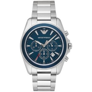 Emporio Armani Ar6091 Men S Blue Dial Silver Chronograph Watch
