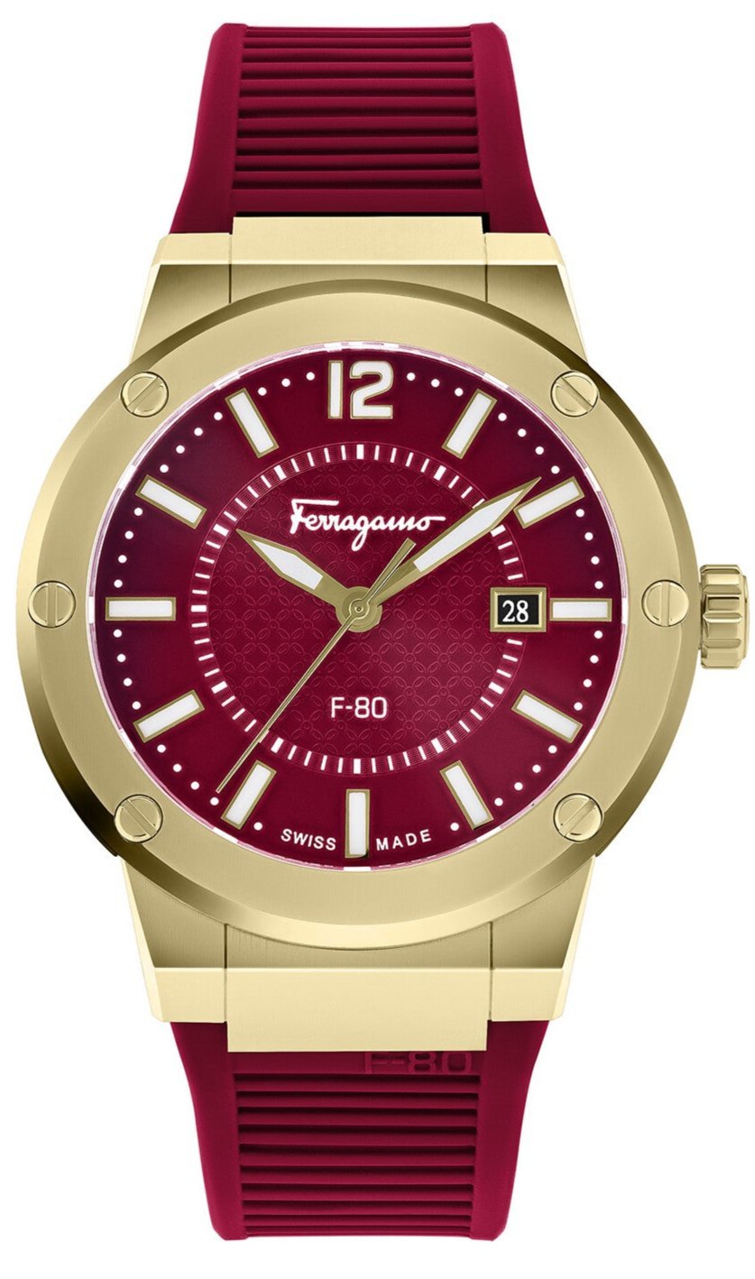 Salvatore Ferragamo F 80 Classic Red Dial Red Rubber Strap Watch For Men Sfhy02422