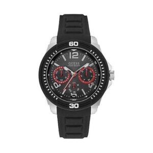 Guess Watches Guess Gents Silver Watch Black Multifunctional Dial And Black Silicone Strap W0967g1