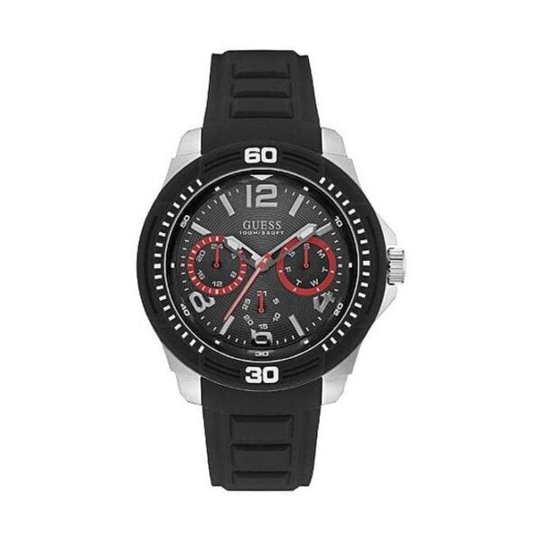 Guess Watches Guess Gents Silver Watch Black Multifunctional Dial And Black Silicone Strap W0967g1