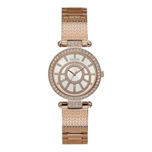 Guess Watches Guess Ladies Rose Gold Watch White Dial Rose Gold Textured Bracelet W1008l3