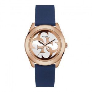 Guess Watches Guess Ladies Rose Gold Watch White Logo Dial And Blue Silicone Strap W0911l6