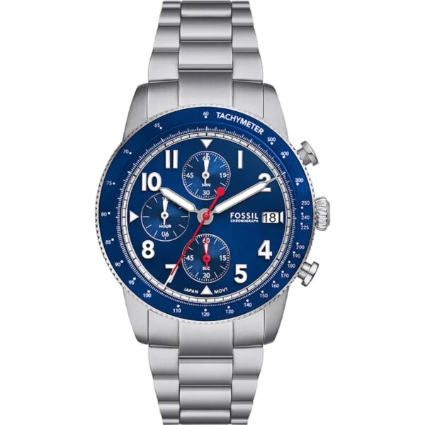 Montre homme Fossil Sport Tourer Chronographe, bracelet en acier inoxydable, cadran bleu, réf. FS6047