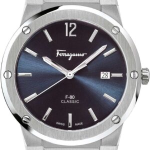 Salvatore Ferragamo F 80 Classic Blue Dial Silver Steel Strap Watch For Men Sfdt01320