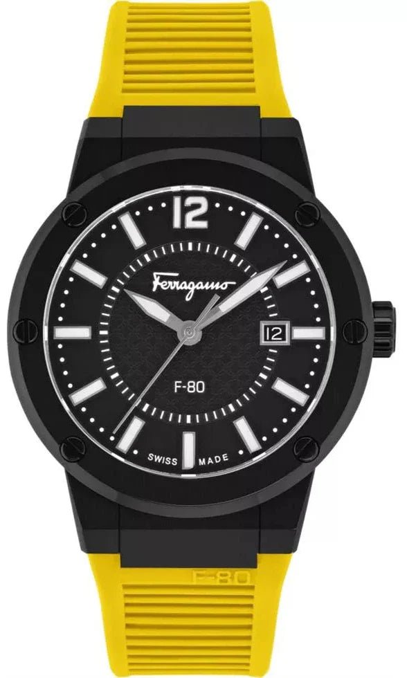 Salvatore Ferragamo F 80 Quartz Black Dial Yellow Rubber Strap Watch For Men Sfhy01522