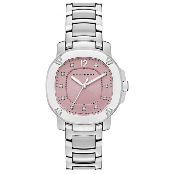 Burberry The Britain Diamonds Pink Dial Silver Steel Strap Watch For Women Bby1805